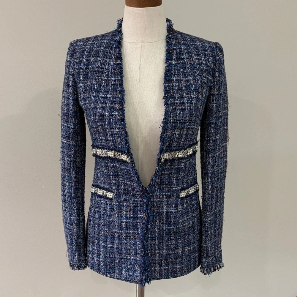 Zara Women's Blue Tweed textured Jacket blazer pearl accents hook closure S